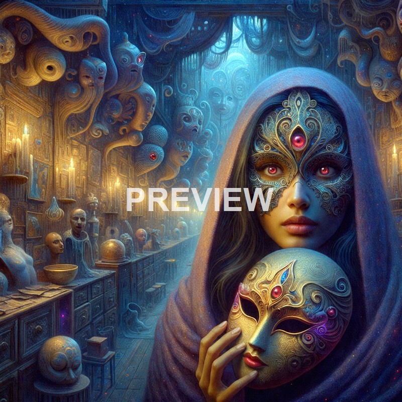 A woman wearing an ornate, intricate mask with multiple red gemstones, holding a matching mask in front of her face, stands in a fantastical, surreal room filled with floating faces, busts, and sculptures, illuminated by warm candlelight.
